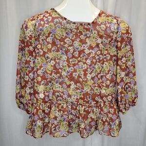 Soprano Floral Sheer Top with 3/4 Sleeves and Peplum, S